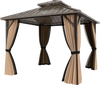 10 x 10 feet hardtop gazebo with curtains and netting, viewed from the front, offering stylish outdoor shelter and.