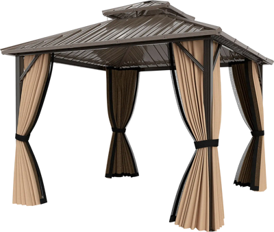 Costway Hardtop Gazebo Double-Roof Galvanized Metal Top w/ Netting & Curtains 10'x10'/10'x12' 639758421 New