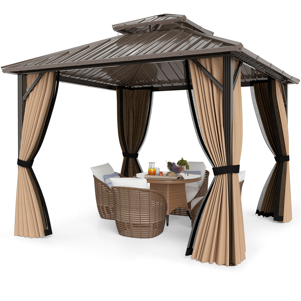 10x10 feet hardtop gazebo with waterproof galvanized metal roof, netting, and curtains for outdoor protection and.