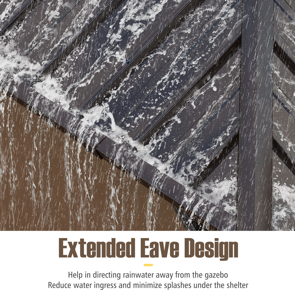 Close-up of the extended eave design on a 10x10 feet hardtop gazebo, directing rainwater away for better protection.