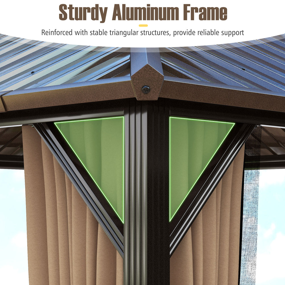 Sturdy aluminum frame detail of the 10 x 10 feet hardtop gazebo, featuring reinforced triangular structures for.