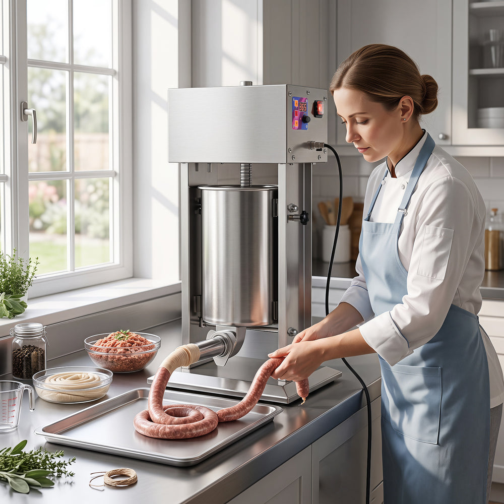 Electric sausage stuffer with 10L capacity, stainless steel tubes, and foot pedal for easy sausage making at home.