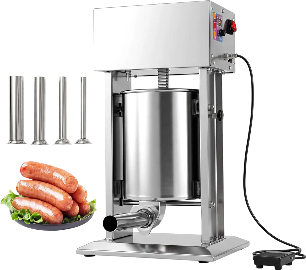 Electric sausage stuffer with 10L capacity, stainless steel tubes, and foot pedal for easy sausage making and cleaning.