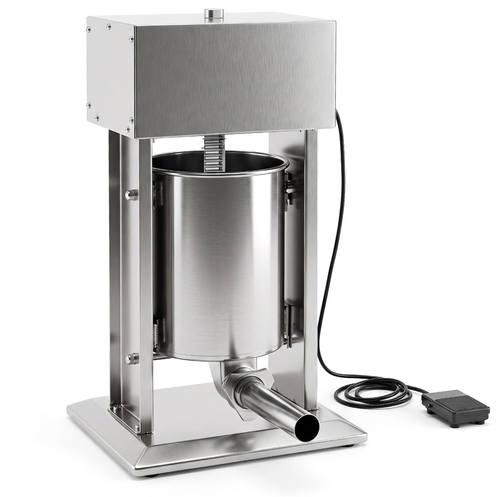 Electric sausage stuffer with 10L capacity, stainless steel construction, and four stuffing tubes for versatile sausage making.