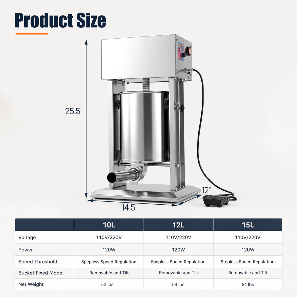 10L electric sausage stuffer in silver with stainless steel tubes, foot pedal, and stepless speed control for easy meat filling.