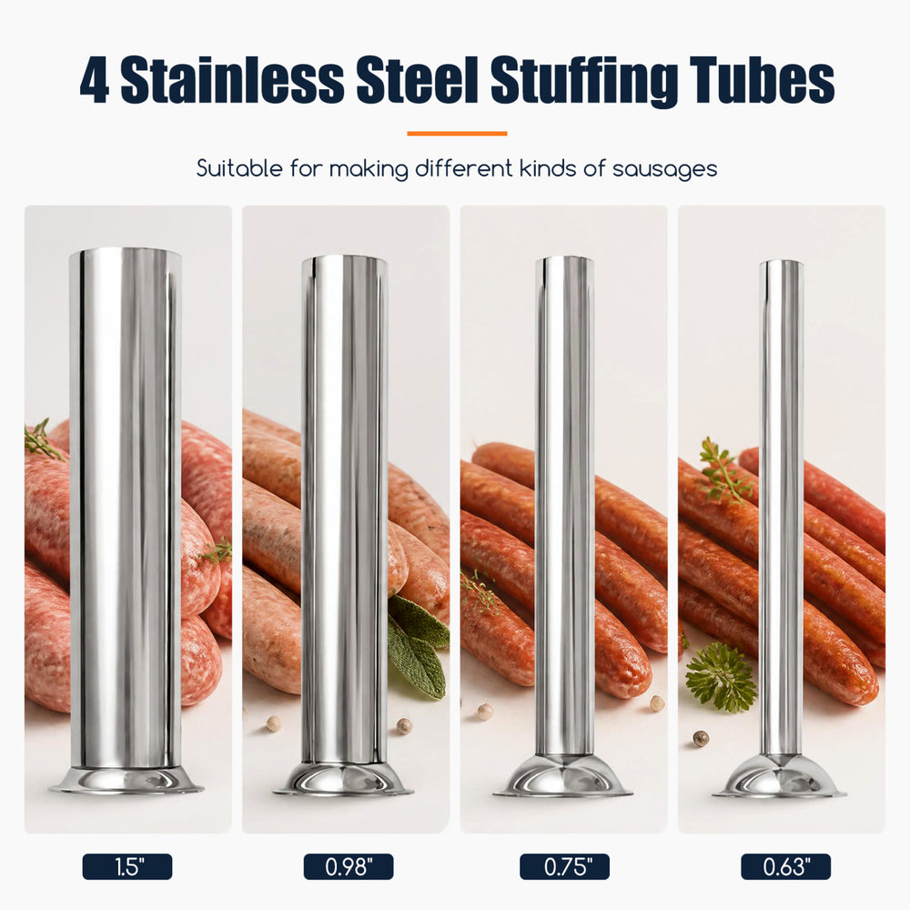 Four stainless steel stuffing tubes in various sizes for making different kinds of sausages with the electric sausage stuffer.