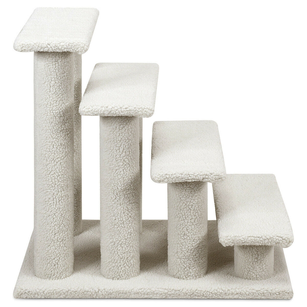 Beige 4-step cat stairs with soft fleece covering, designed for easy climbing and scratching for indoor cats.