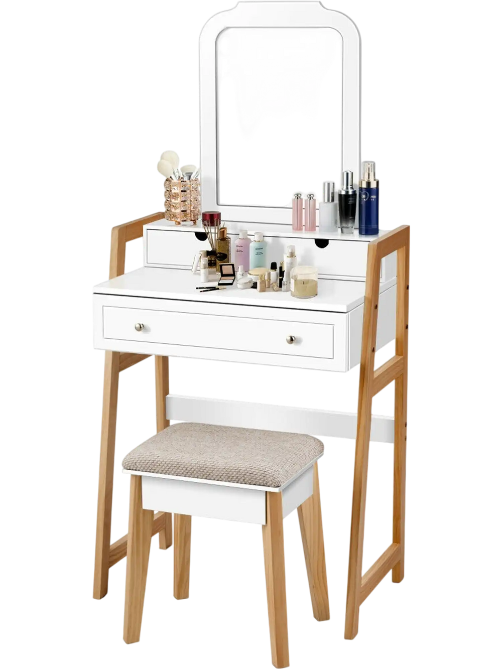 Vanity Table Set with Cushioned Stool and Large Mirror