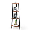 4-tier corner shelf with black metal frame and wood shelves, ideal for books and decor in compact spaces.