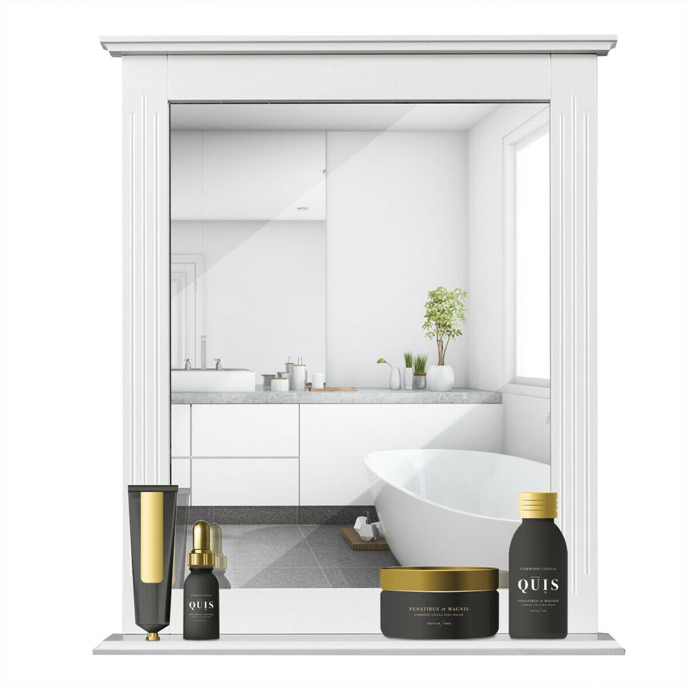Wall-mounted white vanity mirror with shelf, high-definition glass, elegant design, perfect for bathroom or hallway use.