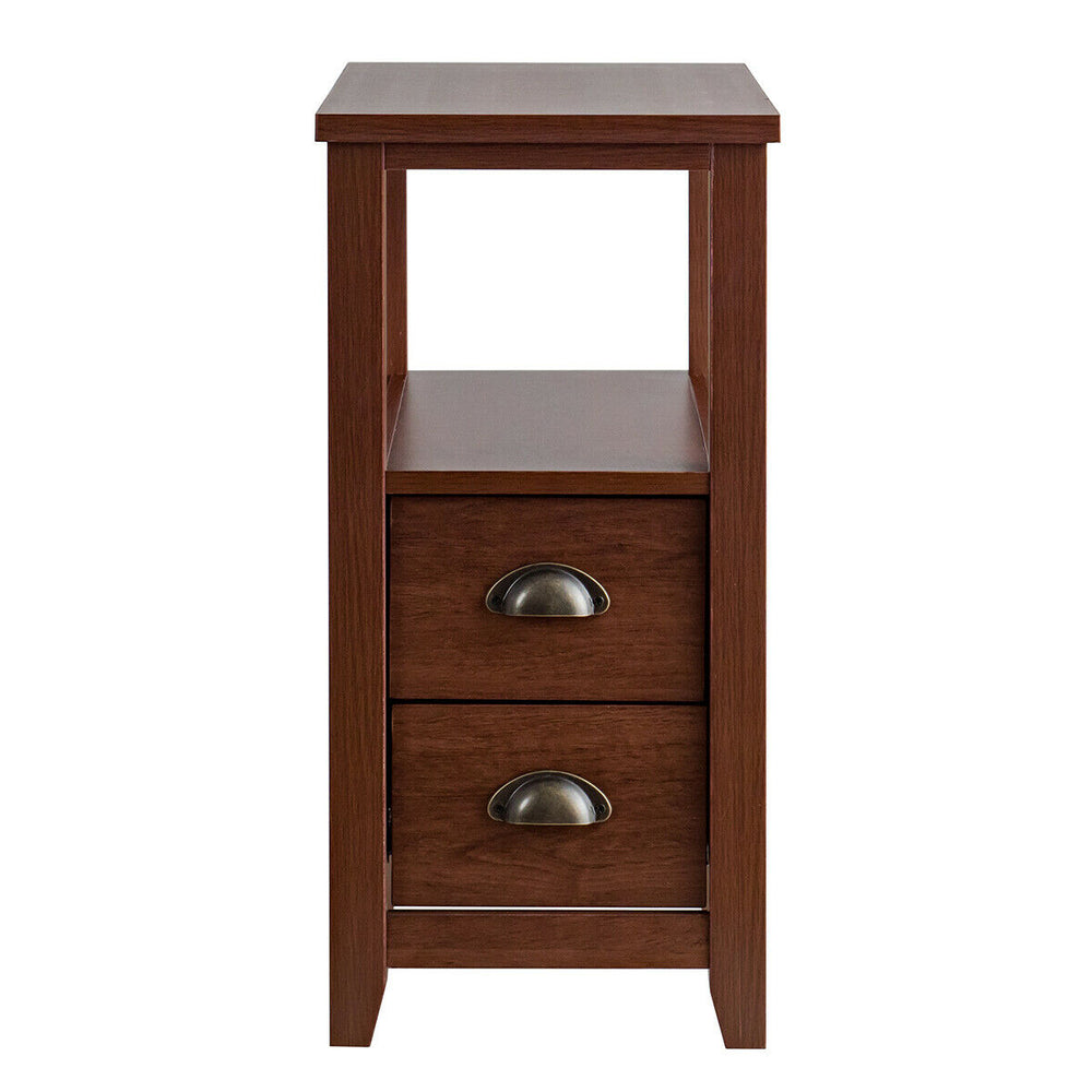 Brown wooden end table showcasing a minimalist design with two drawers and a shelf, perfect for limited spaces in any.