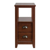 Brown wooden end table showcasing a minimalist design with two drawers and a shelf, perfect for limited spaces in any.