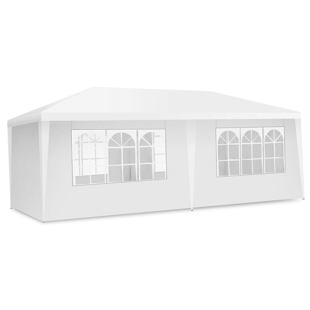 10 x 20 feet white canopy tent with 6 sidewalls, featuring windows and removable doors, ideal for outdoor events.