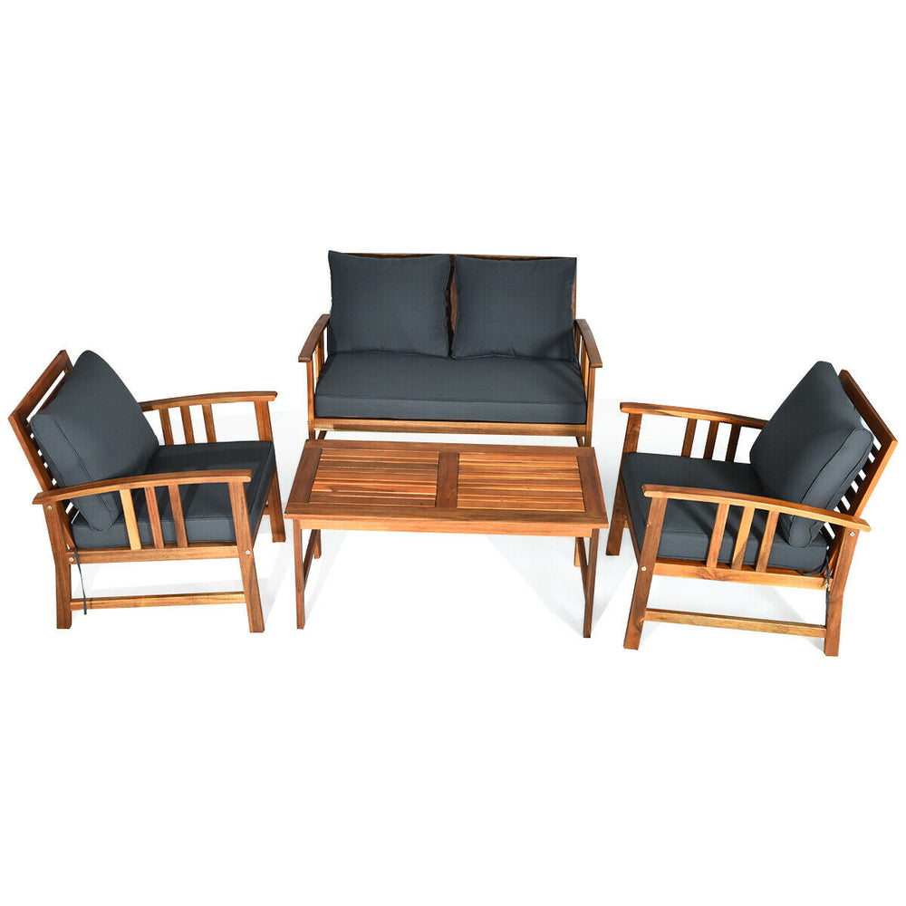 Wooden patio furniture set with cushioned loveseat and chairs, featuring a durable brushed finish for outdoor or indoor.