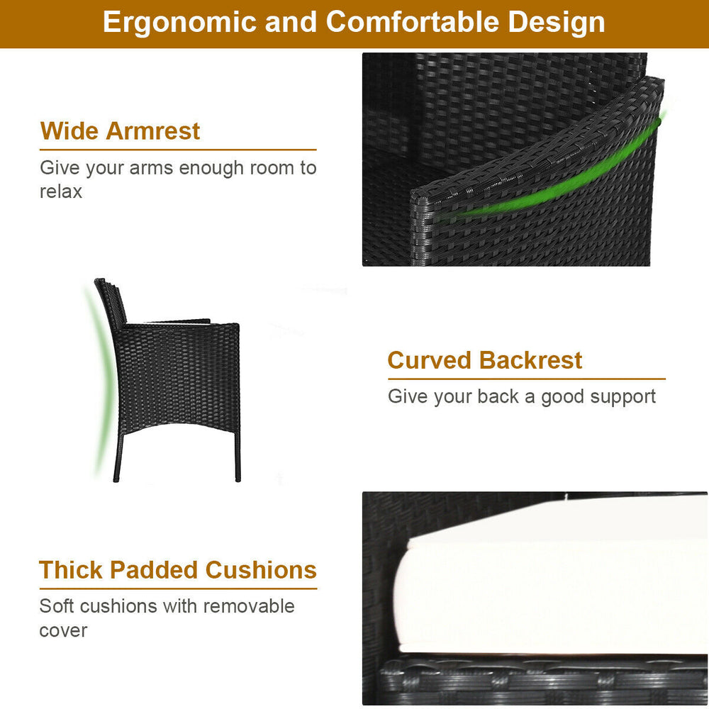 Close-up of wicker patio chair showcasing wide armrest, curved backrest, and thick padded cushions for outdoor comfort.