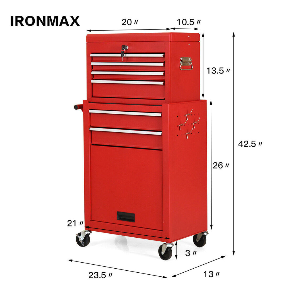 Red rolling cabinet storage chest with multiple drawers, made of durable steel, ideal for garage organization.