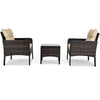 Outdoor patio rattan conversation set with beige cushions, featuring a tempered glass table for backyard relaxation.