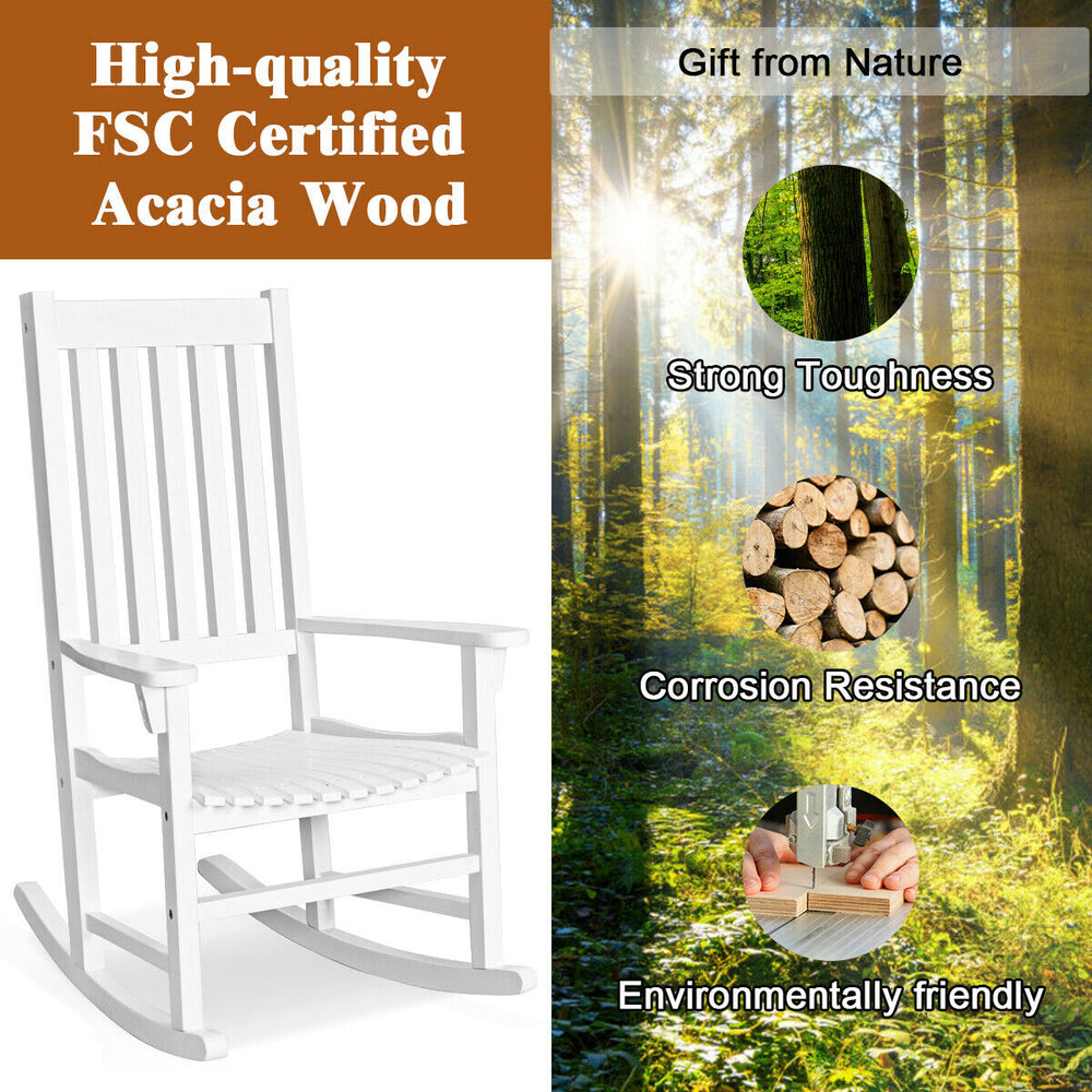 High back rocking chair in white, made of durable acacia wood, perfect for indoor and outdoor relaxation.