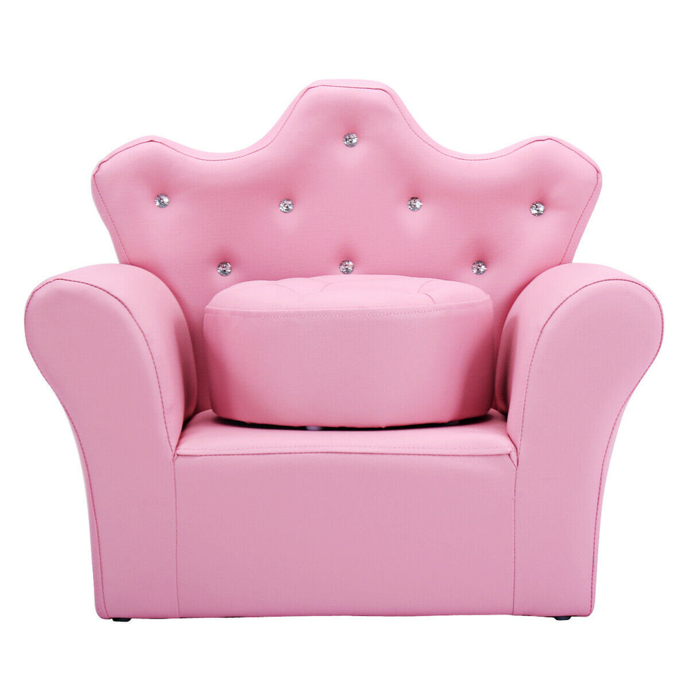 Pink kids sofa with a crown-shaped back and matching ottoman, ideal for fun and relaxation in children's playrooms.