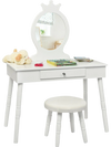 Kids vanity makeup table and chair set in white with a mirror, drawer, and cushioned stool for safe, comfortable use.