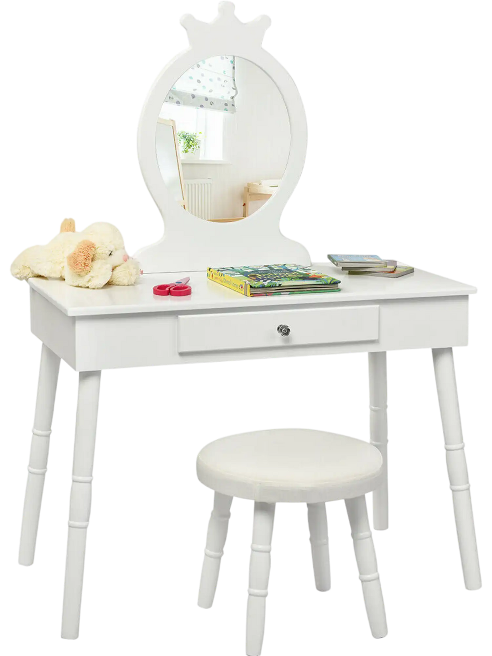 Kids vanity makeup table and chair set in white with a mirror, drawer, and cushioned stool for safe, comfortable use.