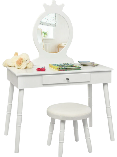 Costway Kids Wooden Princess Makeup Vanity Table w/ Cushioned Stool 47592861 New