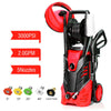 Electric high pressure washer in red, 3000 PSI, with five nozzles and hose reel, ideal for versatile outdoor cleaning.