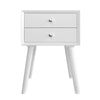 White wooden nightstand with two storage drawers, featuring a sturdy design and retro style for bedroom decor.