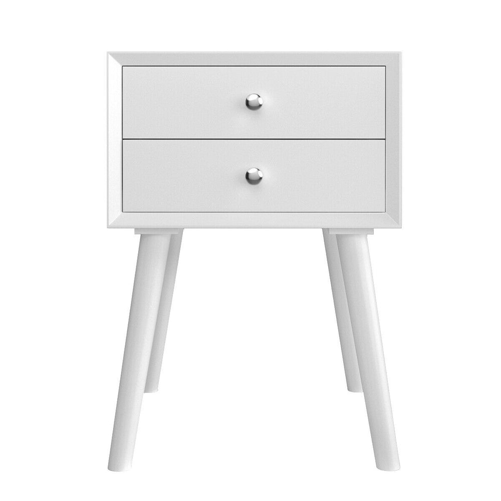 White wooden nightstand with two storage drawers, featuring a sturdy design and retro style for bedroom decor.