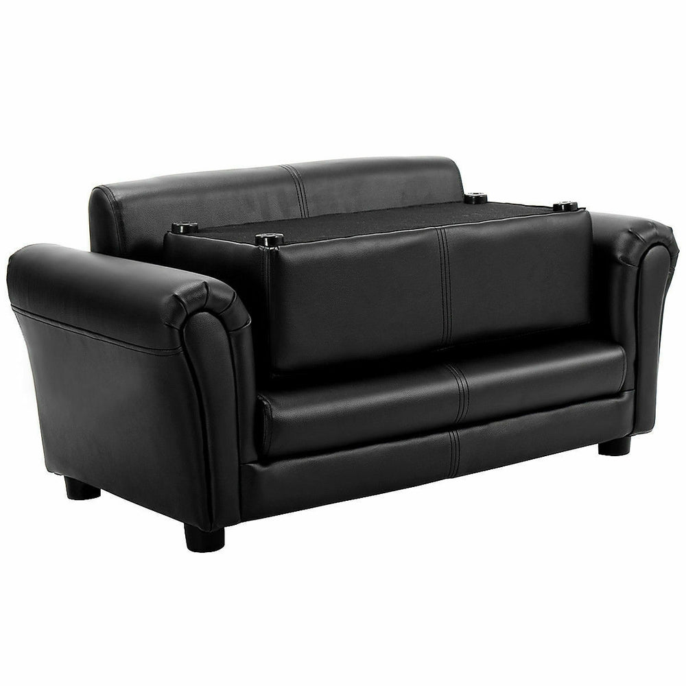 Black kids double sofa with ottoman, perfect for playrooms and bedrooms, offering comfort for reading and TV watching.