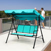 Three-person outdoor patio swing bench chair with blue canopy, durable steel frame, perfect for relaxing in gardens or.