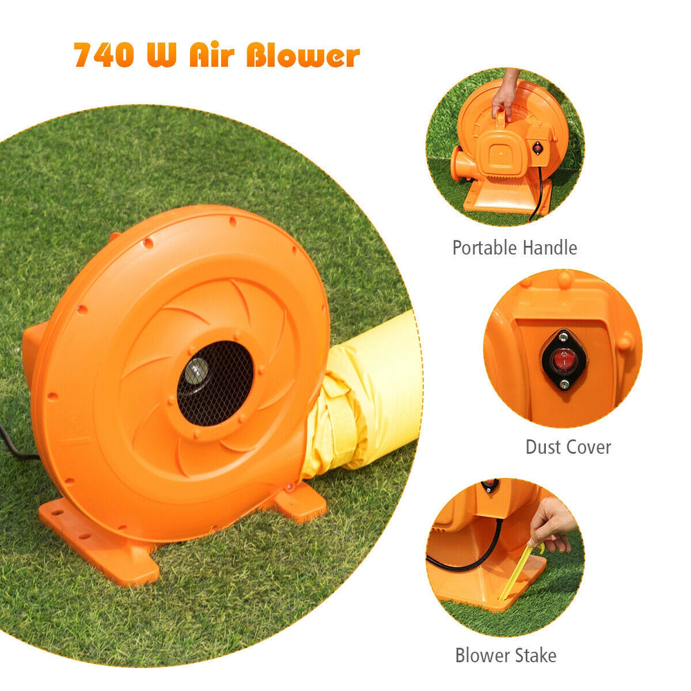 740W air blower with portable handle and dust cover, designed for inflatable water slide bounce house stability.