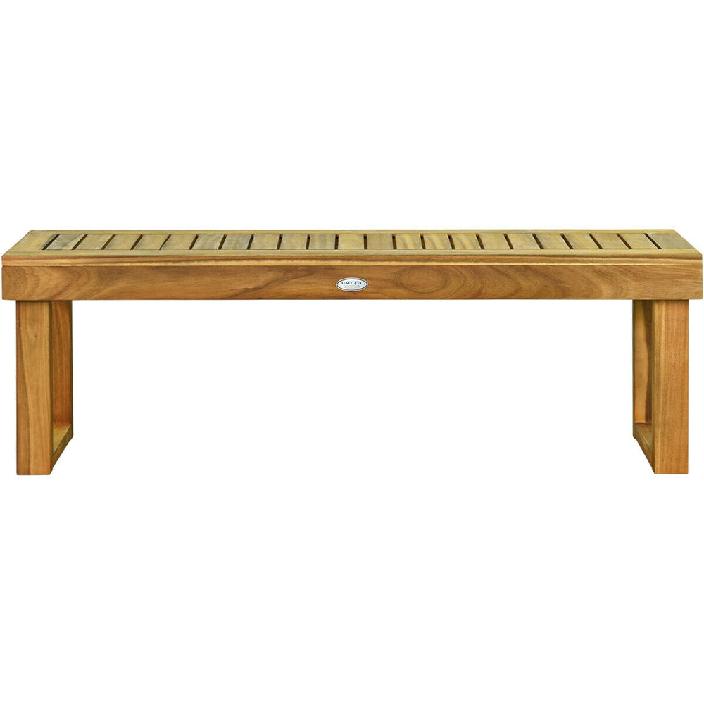52-inch acacia wood dining bench with slatted seat, showcasing a smooth wood-textured surface, ideal for versatile.