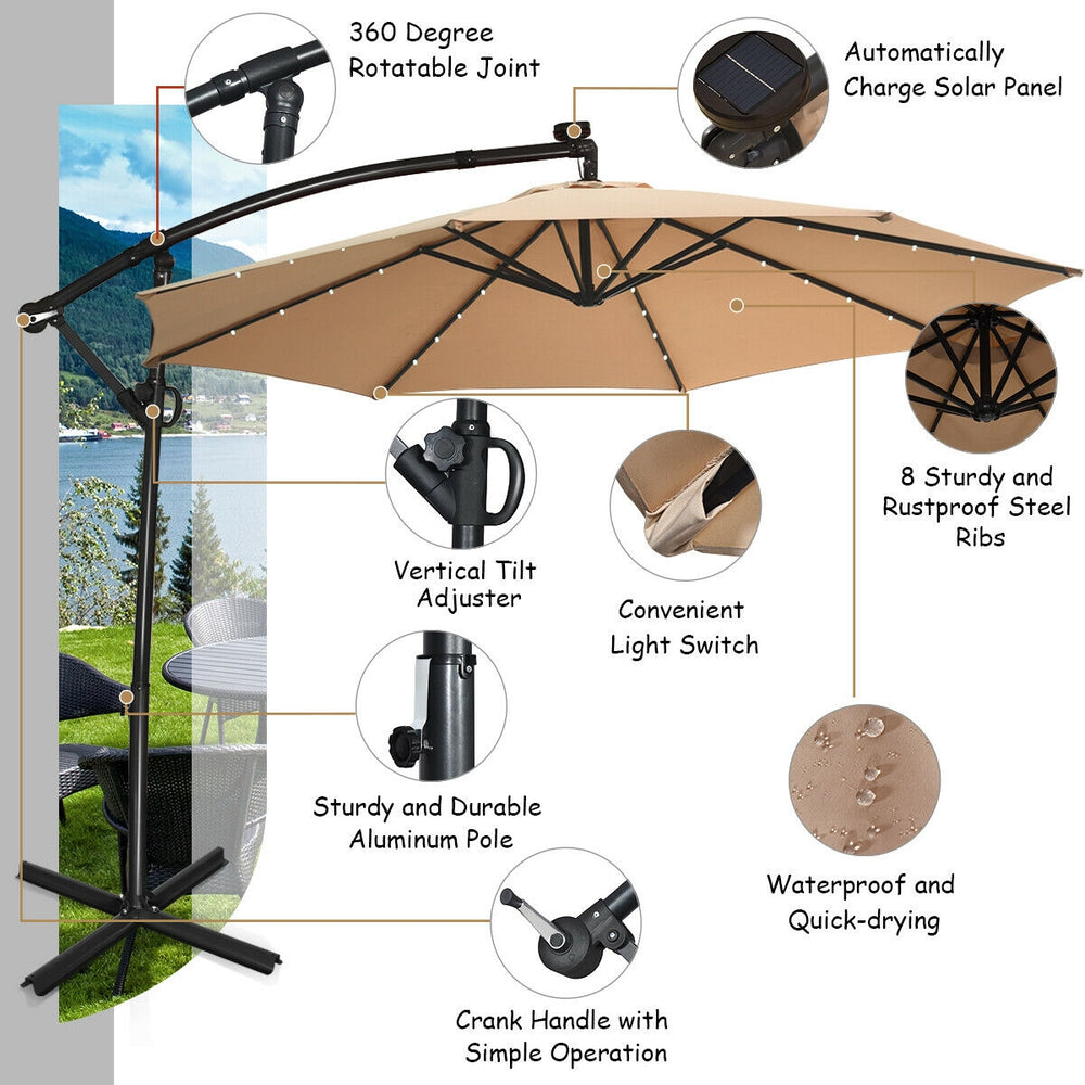 10FT 360? Rotation Solar Powered LED Patio Offset Umbrella-Tan