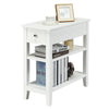 White 3-tier nightstand with drawer and open shelves, ideal for narrow spaces in living rooms or as a bedside table.