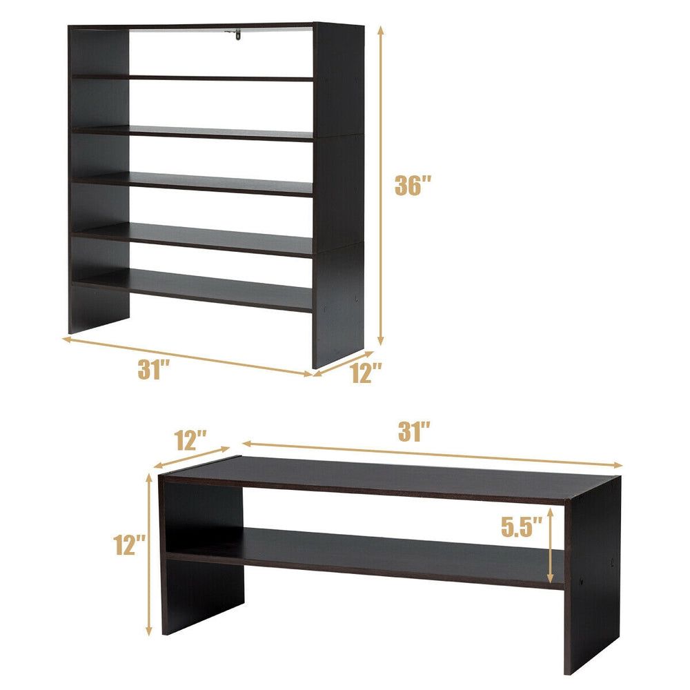 Stackable 31-inch brown shoe rack with two tiers, made of waterproof chipboard, ideal for living room or bedroom.