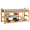 3-tier bamboo shoe rack bench with cushion, featuring a natural finish and ergonomic design, ideal for entryways.