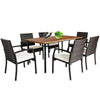 Overview of the 7PCS Patio Rattan Cushioned Dining Set, featuring durable construction and a spacious acacia wood.