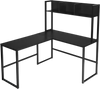 Black L-shaped corner desk with open storage hutch, designed for stability with humanized footrest bars for comfort.