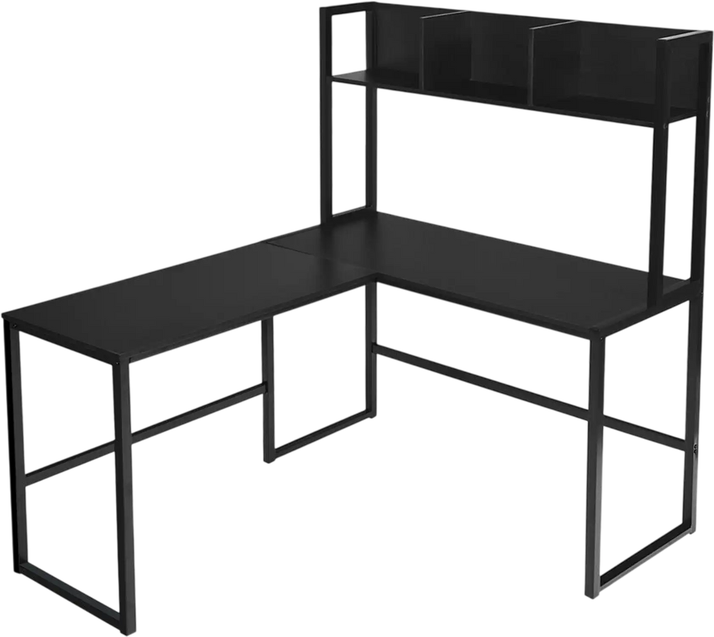 Black L-shaped corner desk with open storage hutch, designed for stability with humanized footrest bars for comfort.