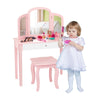 Kids pink makeup dressing table with tri-folding mirror and chair, perfect for playtime in a child's bedroom.