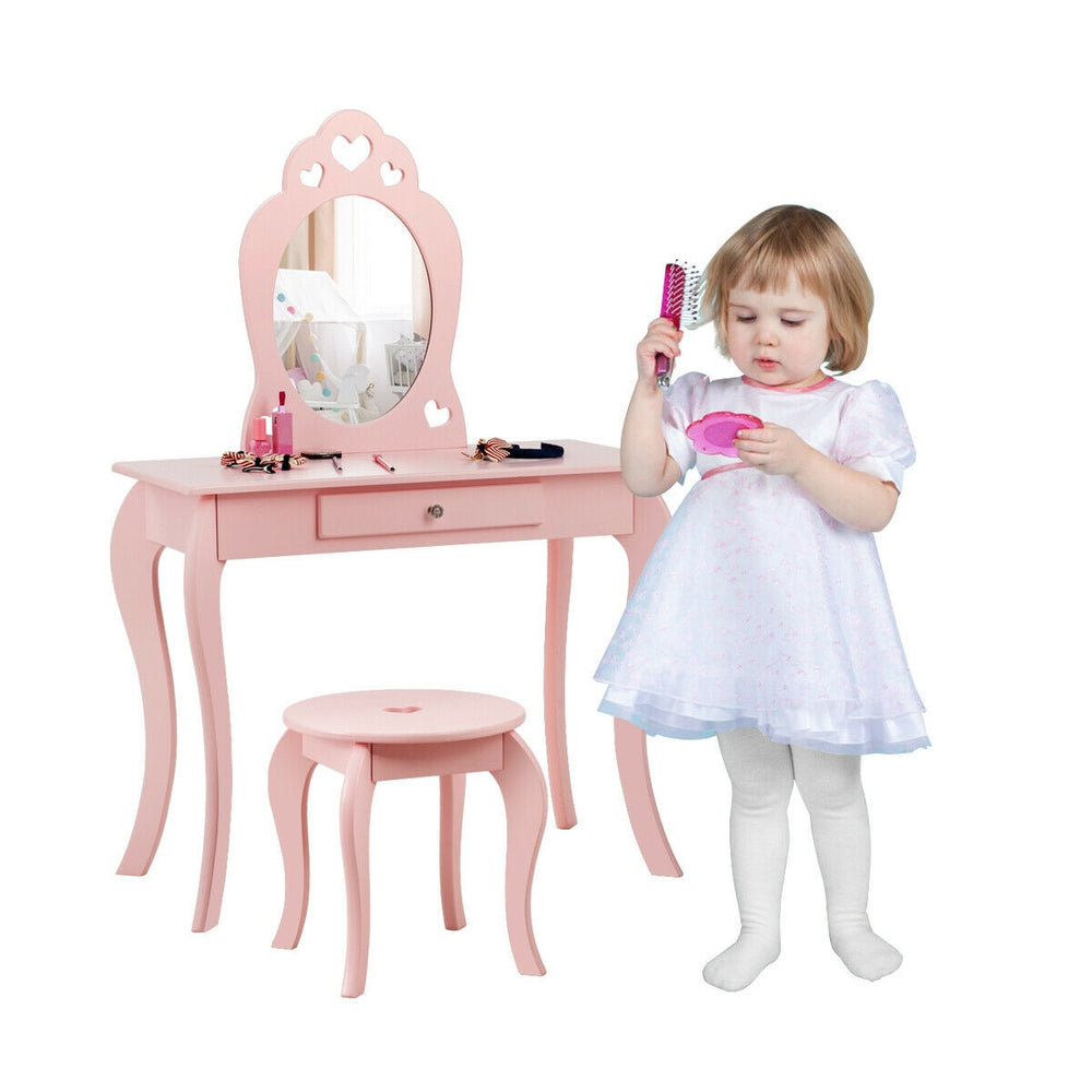Kids princess makeup dressing table set in pink with mirror, featuring a drawer and sturdy stool for safe play.