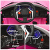 Close-up of the steering wheel and control panel of the pink 12V RC electric vehicle with lights and music features.