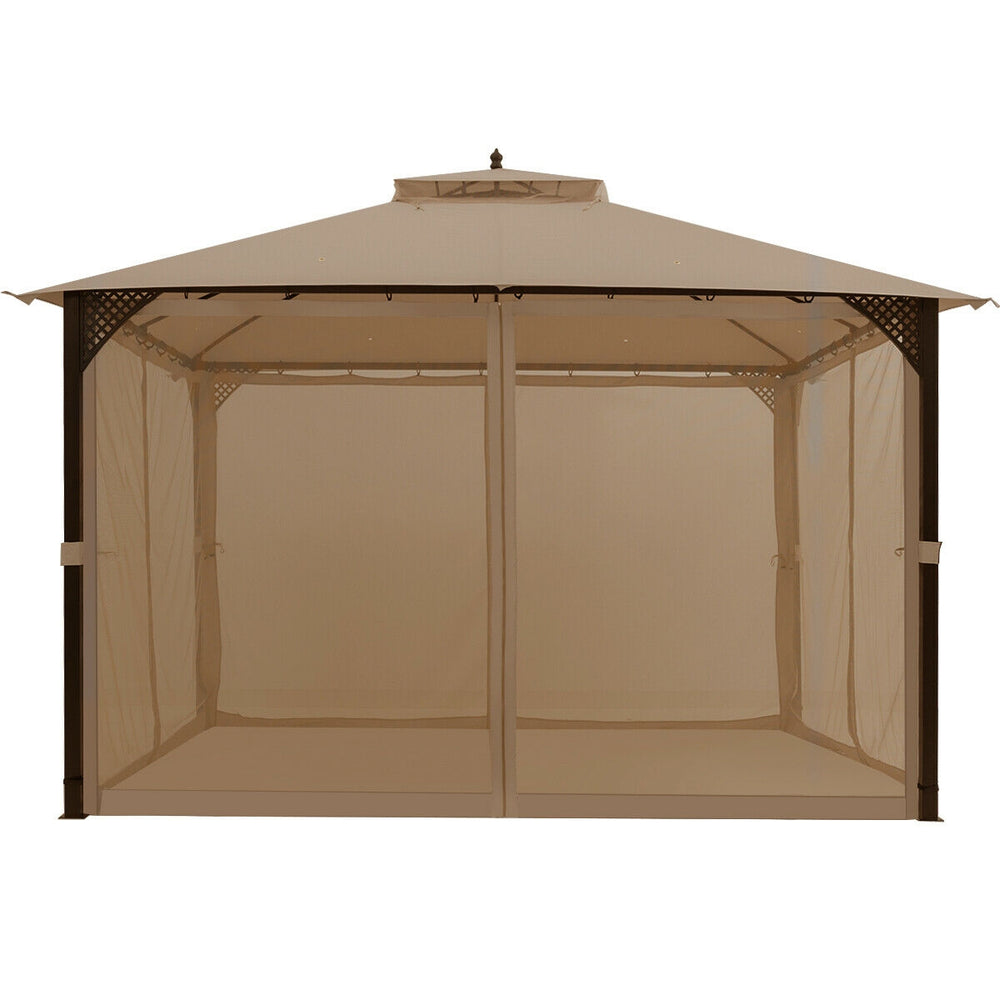 Outdoor double top patio gazebo with netting in brown, featuring a spacious design and sturdy steel frame for.