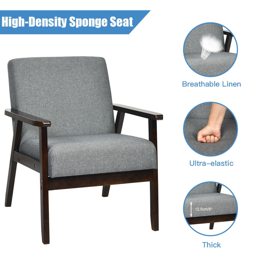 Gray fabric accent armchair with high-density sponge seat, ergonomic armrest, and sturdy rubber wood frame for comfort.