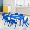 Blue plastic stackable classroom chairs for kids, featuring rounded edges for safety, perfect for playtime and learning.