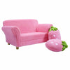 Kids strawberry armrest chair sofa in pink with two matching strawberry pillows, perfect for children's entertainment.