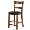 Counter height chair with a curved backrest, leather seat, and rubber wood legs, perfect for vintage decor.