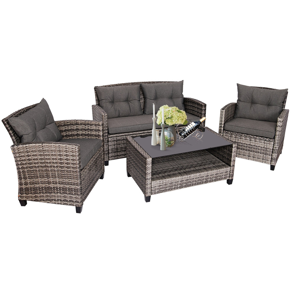 Single cushioned chair from a 4-piece patio rattan furniture set in gray, perfect for outdoor lounging and relaxation.