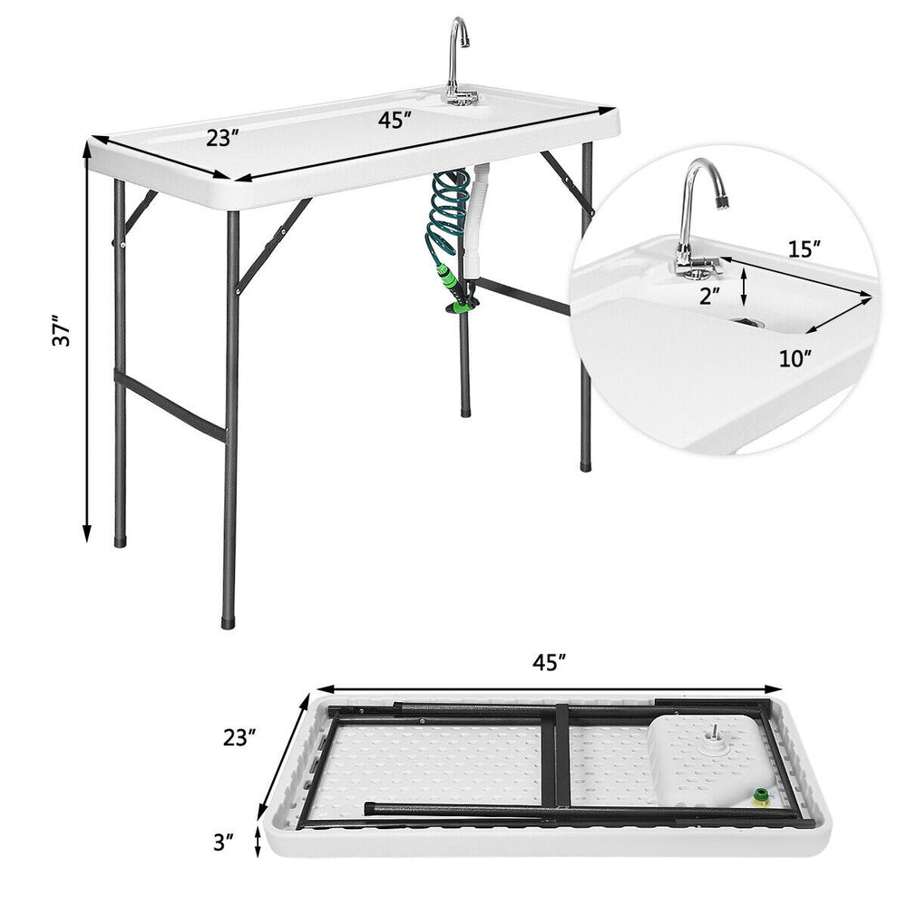 Folding cleaning sink table with sprayer, 45" x 23", durable plastic surface, ideal for outdoor cleaning and potting.